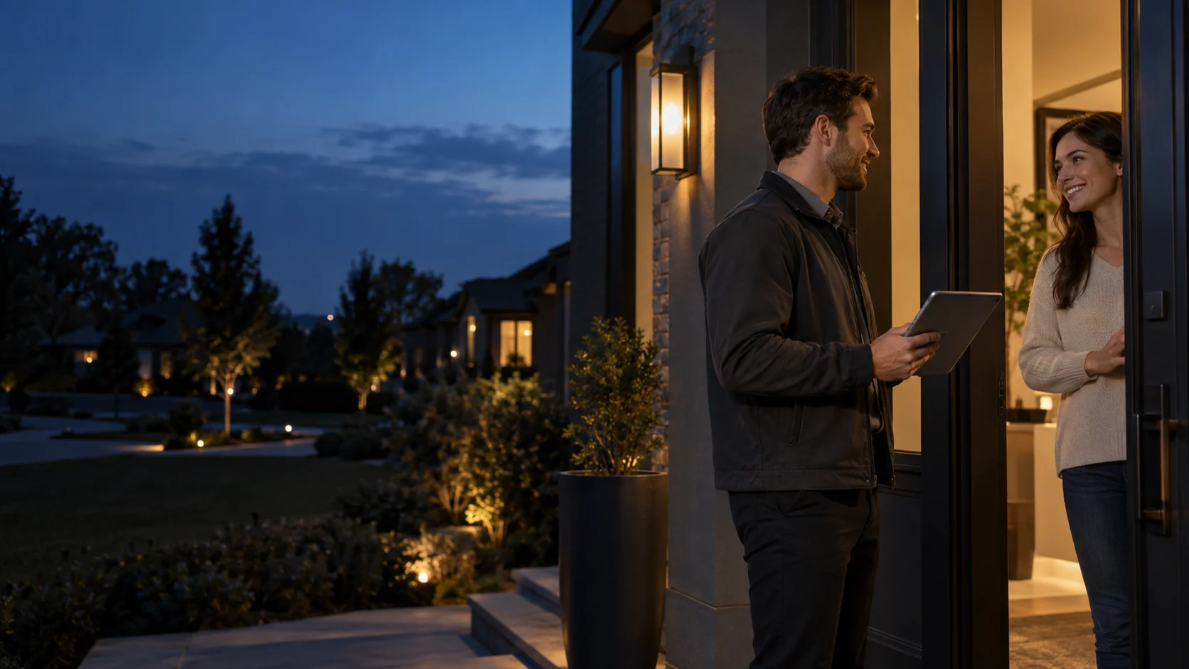 An illustrative field representative speaking with a resident at the door